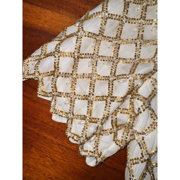 Laurence Kazar Beaded Pearl Sequin Cocktail Dress Ivory Short Sleeve Evening M - Picture 3 of 7